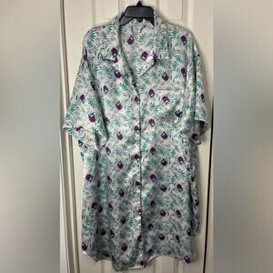Intimate Moments Floral Satin Green Purple Button Up Retro Sleep Shirt 26/28 W